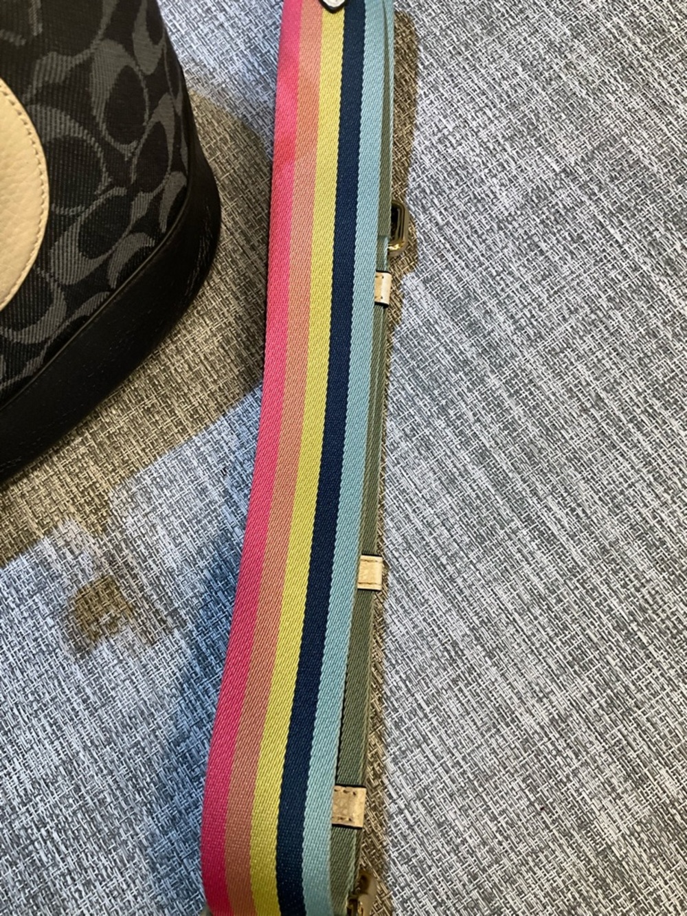 Coach Dempsey Navy Signature Bucket Bag with Tan Accents and Rainbow Strap - Picture 3 of 12